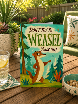 A greeting card featuring a cartoon weasel standing in a forest with the text 'DON'T TRY TO WEASEL YOUR OUT.