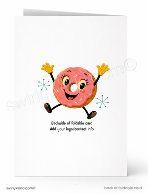 Backside of a foldable card with a cartoon donut character on a white background
