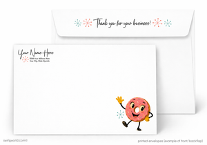 Envelopes with a cartoon donut character and 'Thank you for your business!' text on a white background.