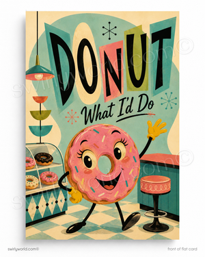 Cartoon donut with arms and legs in a retro-style donut shop