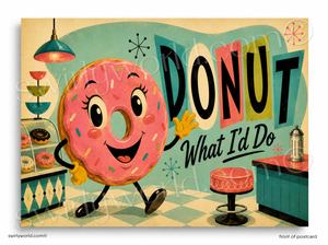 Cartoon donut character with a retro-style background featuring the text 'Donut What I'd Do'.