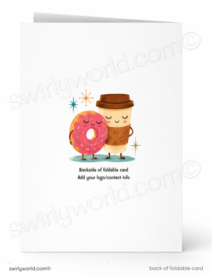A folded greeting card shown front and back on a white background. The front features a cute illustration of a pink donut and a coffee cup character with closed eyes and small sparkles.