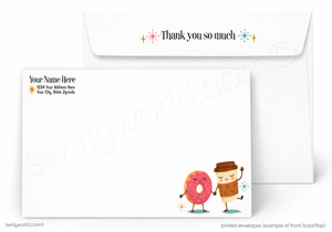 A white stationery set showing a thank you envelope behind a matching address card. The envelope has the text 'Thank you so much' with small colorful starburst accents.