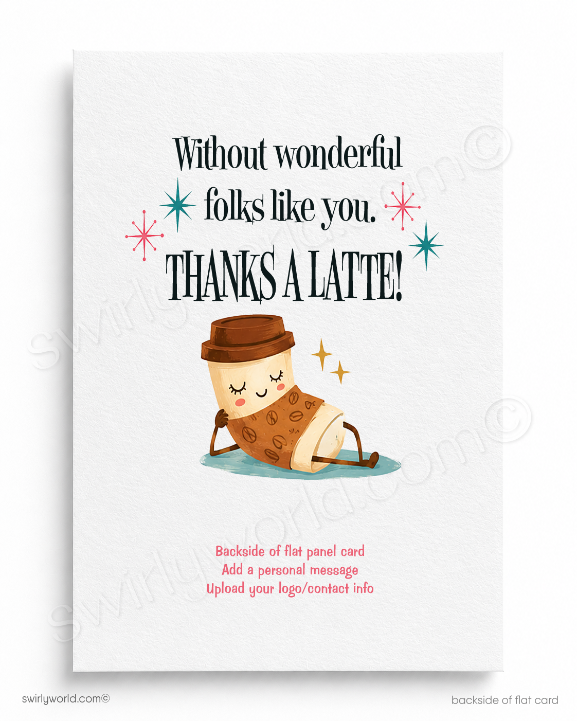 A colorful illustrated greeting card or print featuring a smiling pink donut and a coffee cup holding hands under a speech bubble that reads “DONUT WHAT WE’D DO.
