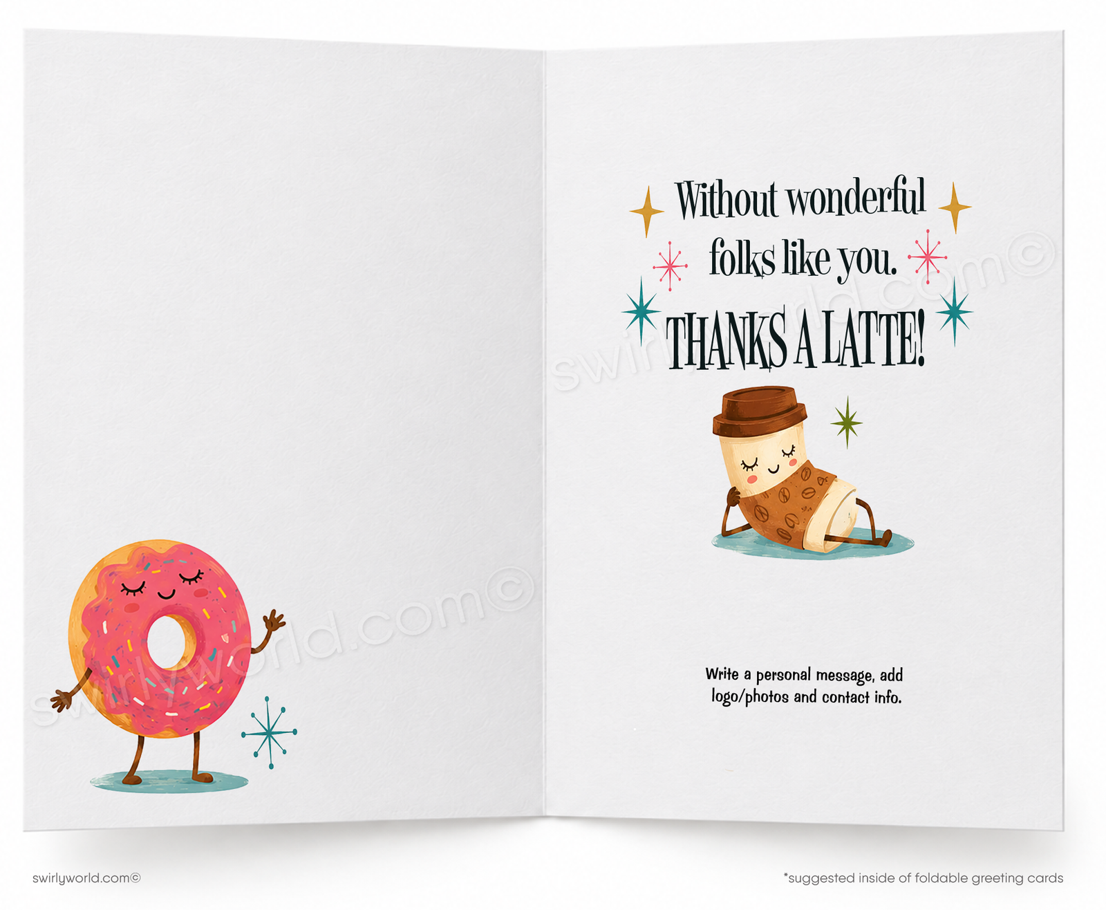 A folded greeting card shown front-on against a white background. The card features a colorful retro-style illustration with the text 'DONUT WHAT WE'D DO.