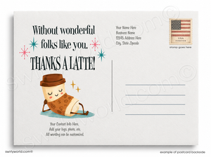 Customizable coffee-themed postcard backside template with the text 'Without wonderful folks like you. THANKS A LATTE!' and a cute illustrated coffee cup character wearing a hat, plus placeholder address and stamp areas.