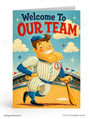 Vintage-style card with a baseball player and 'Welcome To Our Team' text on a blue sky background.
