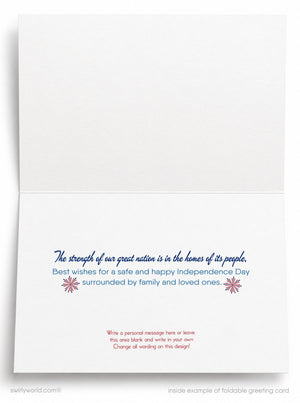 The image is a blank greeting card with a message about the strength of a great nation, which is in the homes of its people. The card invites the reader to write a personal message and leave it on the card.
