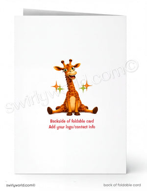 Backside of a foldable card with a cartoon giraffe and space for customization on a white background.