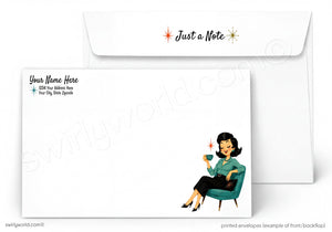 A printed stationery set showing the front and back of a white envelope with a note card. The front of the card has placeholder text and a retro illustration of a woman sitting in a teal chair, while the back shows the reverse side of the envelope with the words 'Just a Note' and small starburst accents.