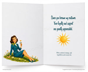 The image is a greeting card featuring a woman sitting on the grass and holding a flower. The card has a message that reads "Since you became my customer. Your loyalty and support are greatly appreciated." There is also a sun graphic on the right side of the card.