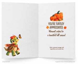 An open greeting card shown front and back on a white background. The left side features a cartoon turtle wearing an orange scarf and hat with autumn leaves, next to a butterfly.