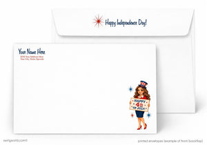 The image is a printed envelope featuring a cartoon illustration of a woman holding a sign that says "Happy 4th of July". The envelope has a "Happy Independence Day!" message printed on it, and the woman's sign reads "Happy 4th of July". The envelope is white and has a red star on the top left corner.