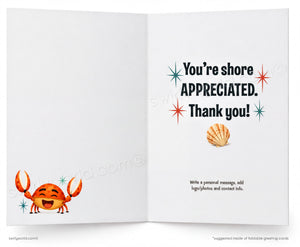 The image is a greeting card with a crab and a seashell on the left side, and a message on the right side. The message reads "You're shore appreciated. Thank you!" and provides instructions for writing a personal message, including adding photos and contact information.