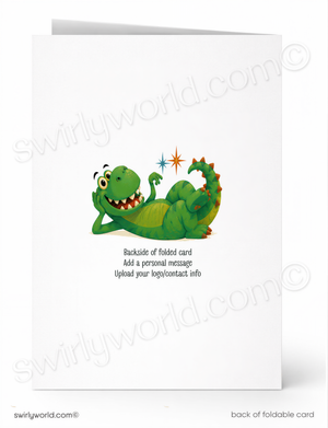 Back of a folded card with a green dragon illustration on a white background