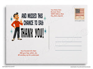 Vintage-style postcard with cartoon character and text 'And missed this chance to say: Thank you!' on a white background.