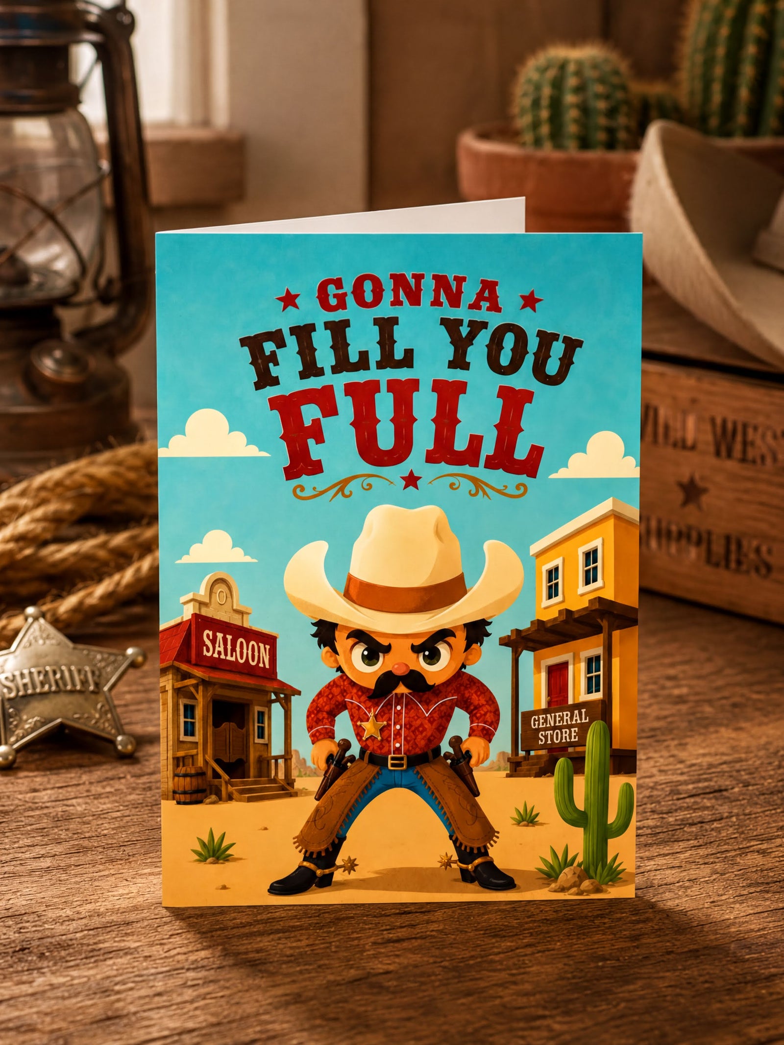 A cartoon cowboy wearing a red shirt and a white hat stands in front of a saloon, holding a gun and looking determined. The text above the cowboy reads "Gonna Fill You Full".