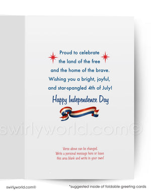 The image is a greeting card celebrating the 4th of July, featuring a patriotic design with a red, white, and blue ribbon and stars. The card includes a message wishing the recipient a bright, joyful, and star-spangled 4th of July. The card also provides a blank space for a personal message and encourages the recipient to write their own message.