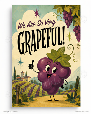a grape character giving a thumbs up, with a vineyard and stars in the background.