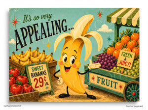 The image is a vibrant illustration of a banana character standing in front of a fruit stand, surrounded by various fruits such as bananas, apples, and oranges. The scene conveys a sense of freshness and abundance, with the banana character appearing to be in a cheerful and inviting mood.