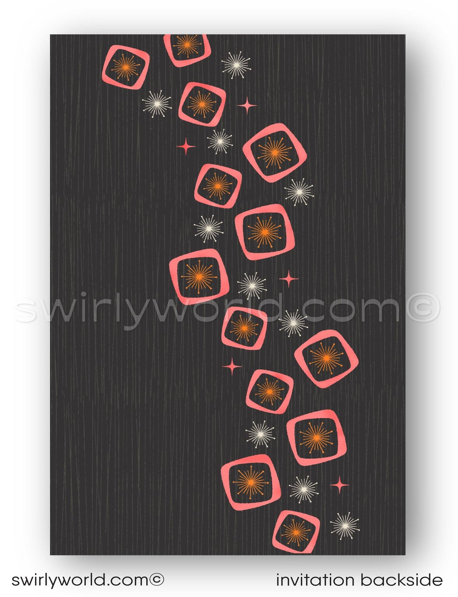 The image is a wedding invitation featuring a retro style with a beige background and orange and black geometric shapes.