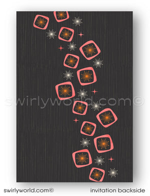 The image is a black and white abstract design featuring a repeating pattern of pink and orange shapes resembling stars and flowers, creating a dynamic and visually striking composition.
