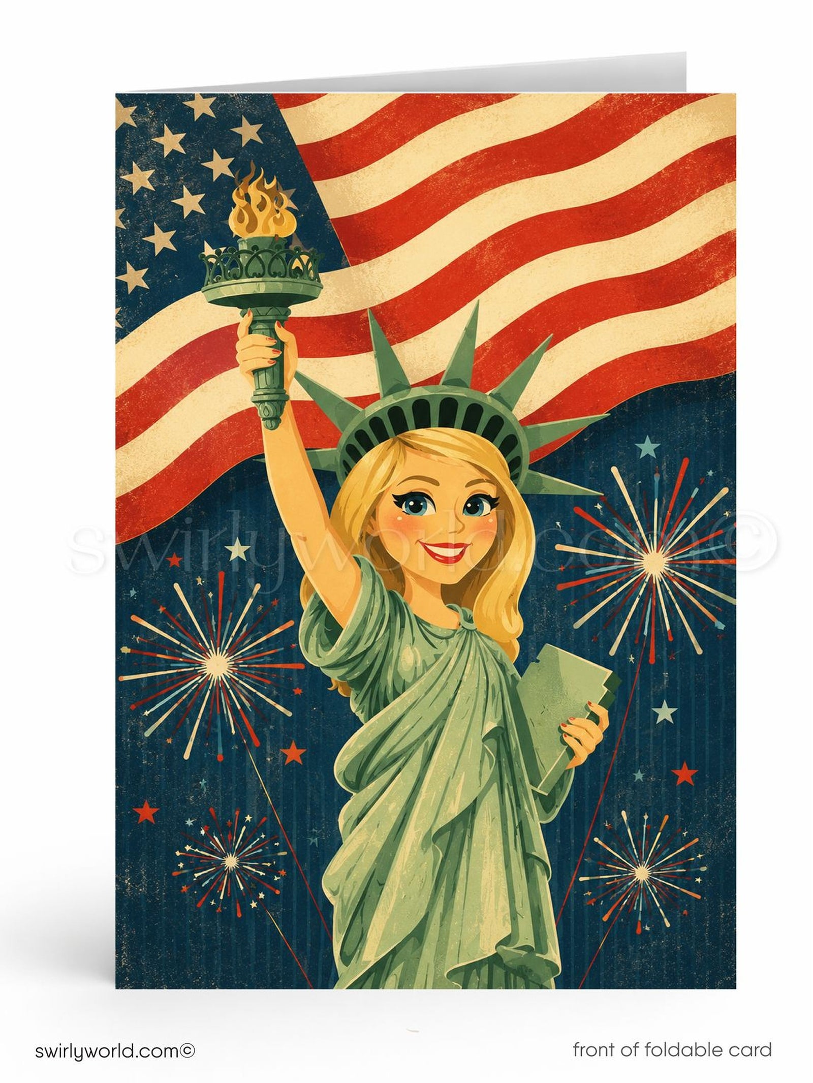 A cartoon illustration of the Statue of Liberty holding a torch, with fireworks in the background and an American flag.