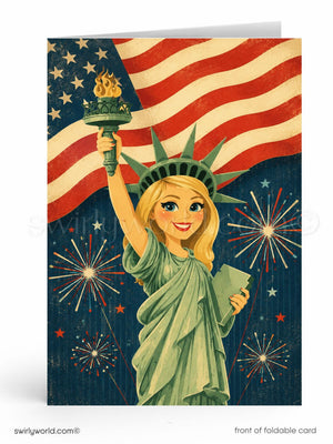 A cartoon illustration of the Statue of Liberty holding a torch, with fireworks in the background and an American flag.