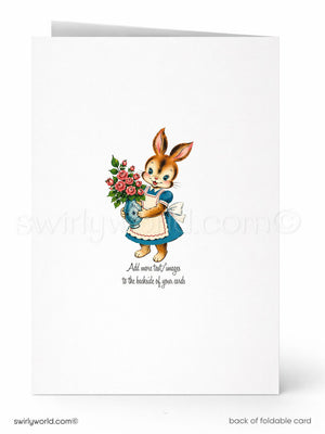 Vintage-style greeting card with a rabbit holding flowers on a white background