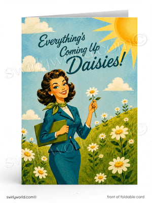 A woman in a blue suit holding a book and a flower stands in a field of white flowers, with a sun and clouds in the background.