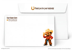 Envelopes with cowboy character and customizable text on a white background