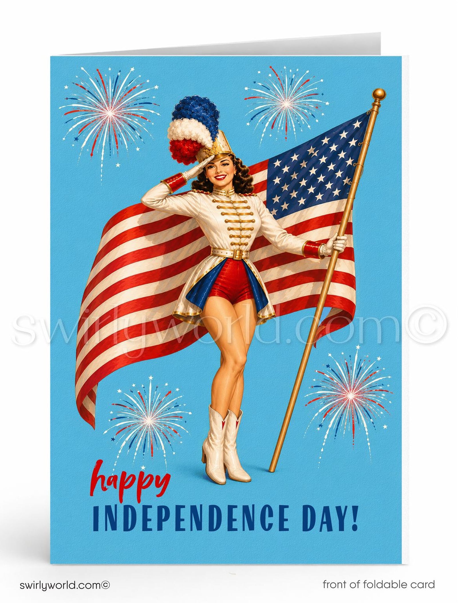 A vintage-style illustration of a woman in a patriotic outfit, holding an American flag and surrounded by fireworks, with the text "Happy Independence Day!"