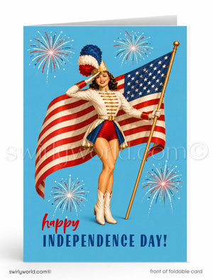 A vintage-style illustration of a woman in a patriotic outfit, holding an American flag and surrounded by fireworks, with the text "Happy Independence Day!"