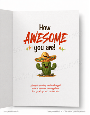 Greeting card with a cactus wearing a sombrero and text 'How AWESOME you are!' on a white background.