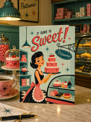 A vintage-style illustration of a woman in a kitchen, holding a tray of cakes, with a sign that says "It sure is sweet!" and a display case filled with various cakes and pastries in the background.