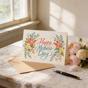 A handmade Mother's Day card with a floral design and the text "Happy Mother's Day" sits on a table next to a bouquet of flowers and a pen.