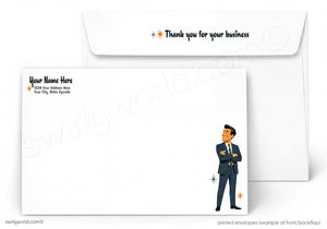 a white envelope with a cartoon illustration of a man in a suit standing with his arms crossed. The envelope has a message that says "Thank you for your business" and a space for the recipient's name and address.