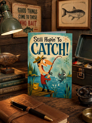 a book titled "Still Hopin' to Catch!" on a desk surrounded by various fishing-related items, including a lamp, a notebook, and a small fish tank.