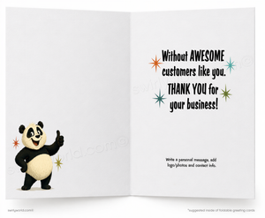 An open greeting card shown front and back. The left panel features a cartoon panda giving a thumbs-up, and the right panel has a thank-you message with decorative starburst accents.