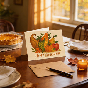 A Thanksgiving greeting card with illustrations of a pumpkin, apple, and corn sits on a wooden table, accompanied by a pen, a candle, and a plate of food.