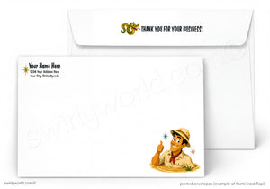 The image is a printed envelope featuring a cartoon character, likely a safari guide, wearing a hat and holding a map. The envelope has a message that says "Thank you for your business!" and a space for the recipient's name and address.
