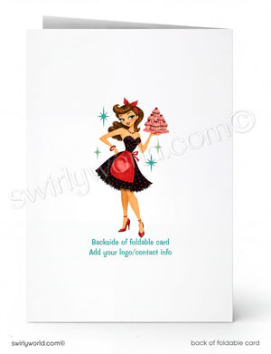 Greeting card with a retro-style illustration of a woman holding a cake, on a white background.