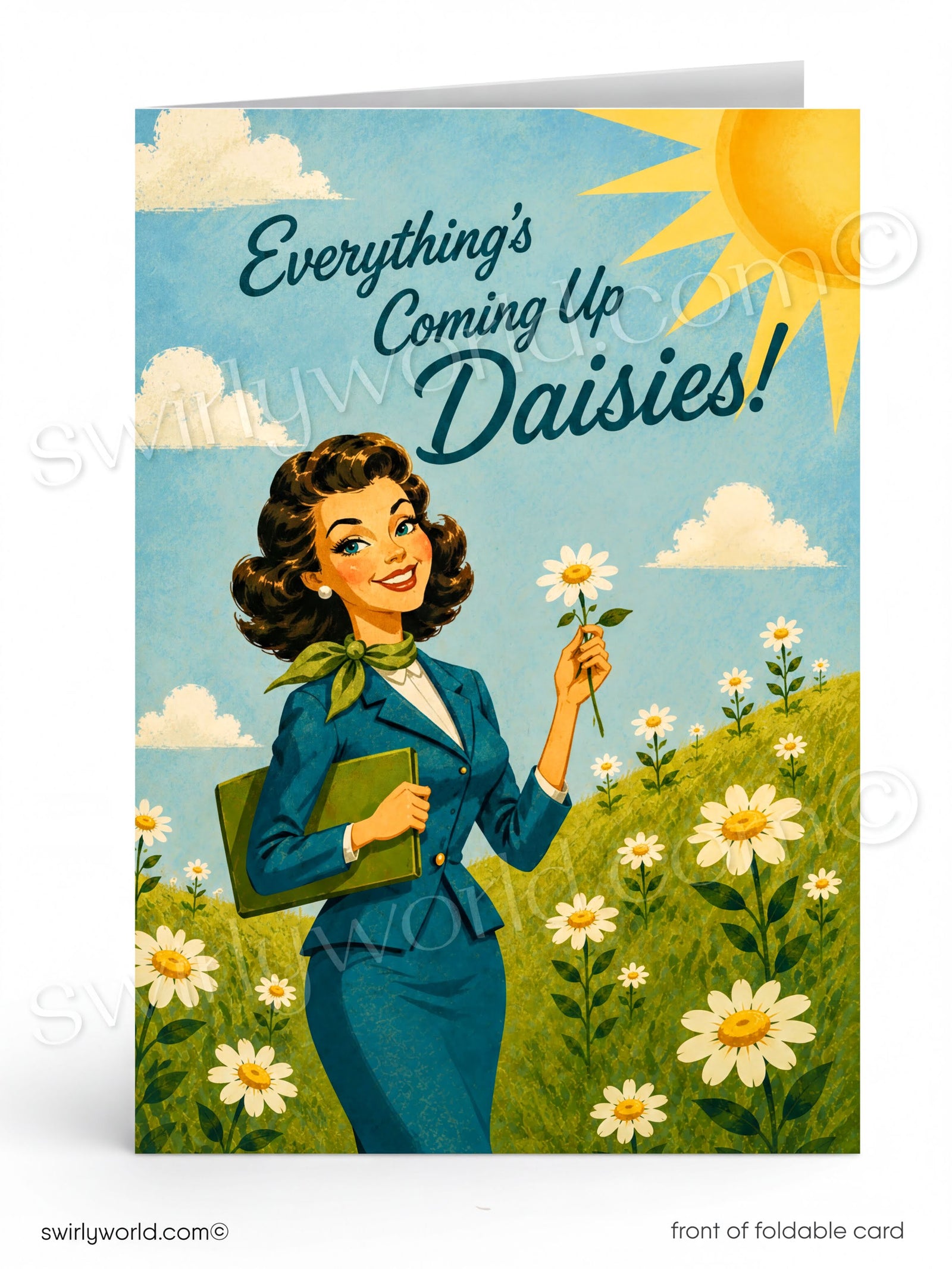 The image is a colorful illustration of a woman standing in a field of flowers, holding a book and smiling. The text above her reads "Everything's Coming Up Daisies!"