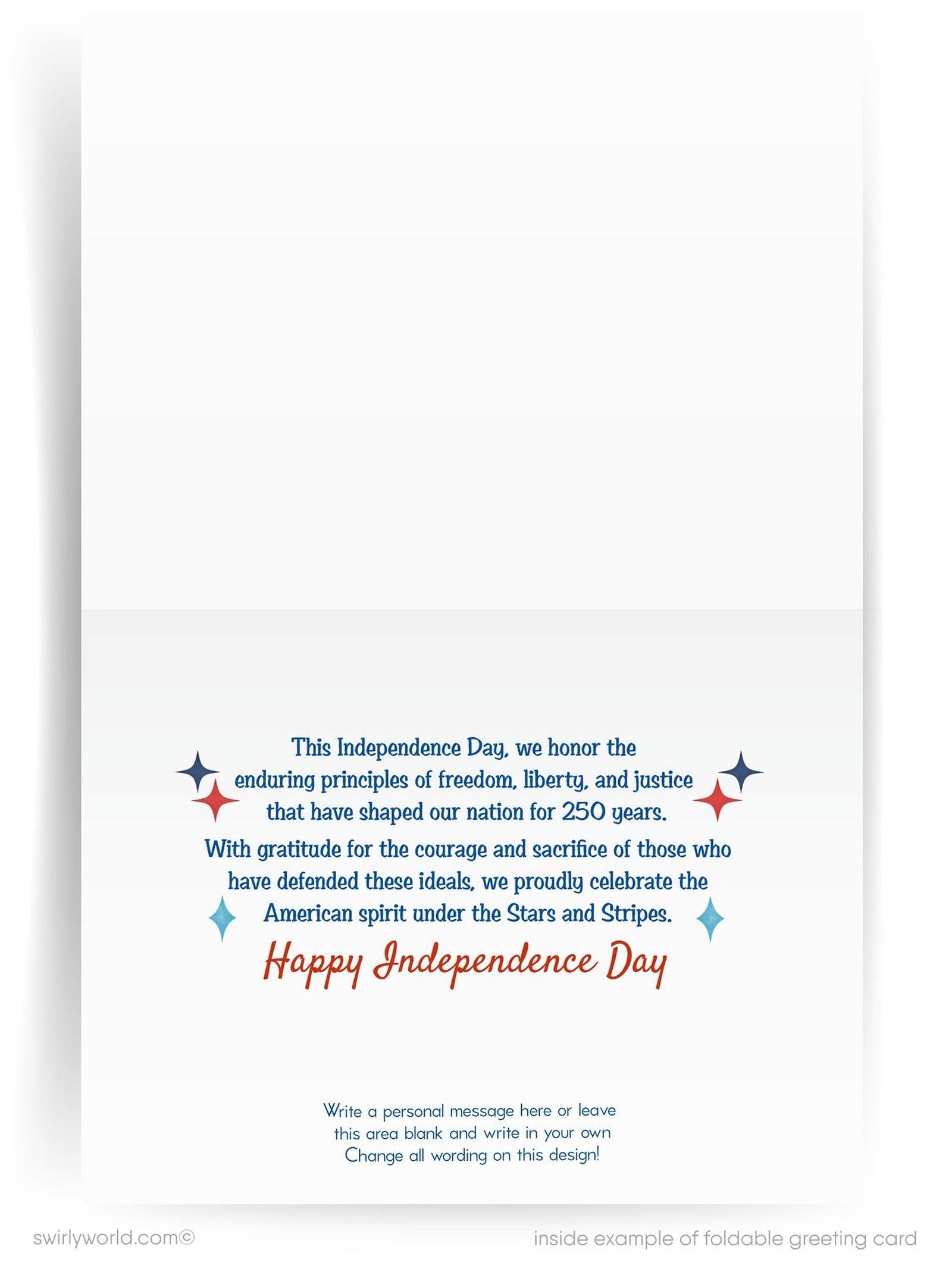 Greeting card with an eagle, American flags, and '250 Celebrate America!' text on a blue background.