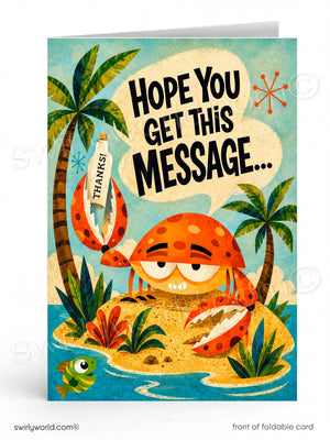 The image is a colorful and whimsical card featuring a crab character, palm trees, and a speech bubble with the text "Hope You Get This Message..."