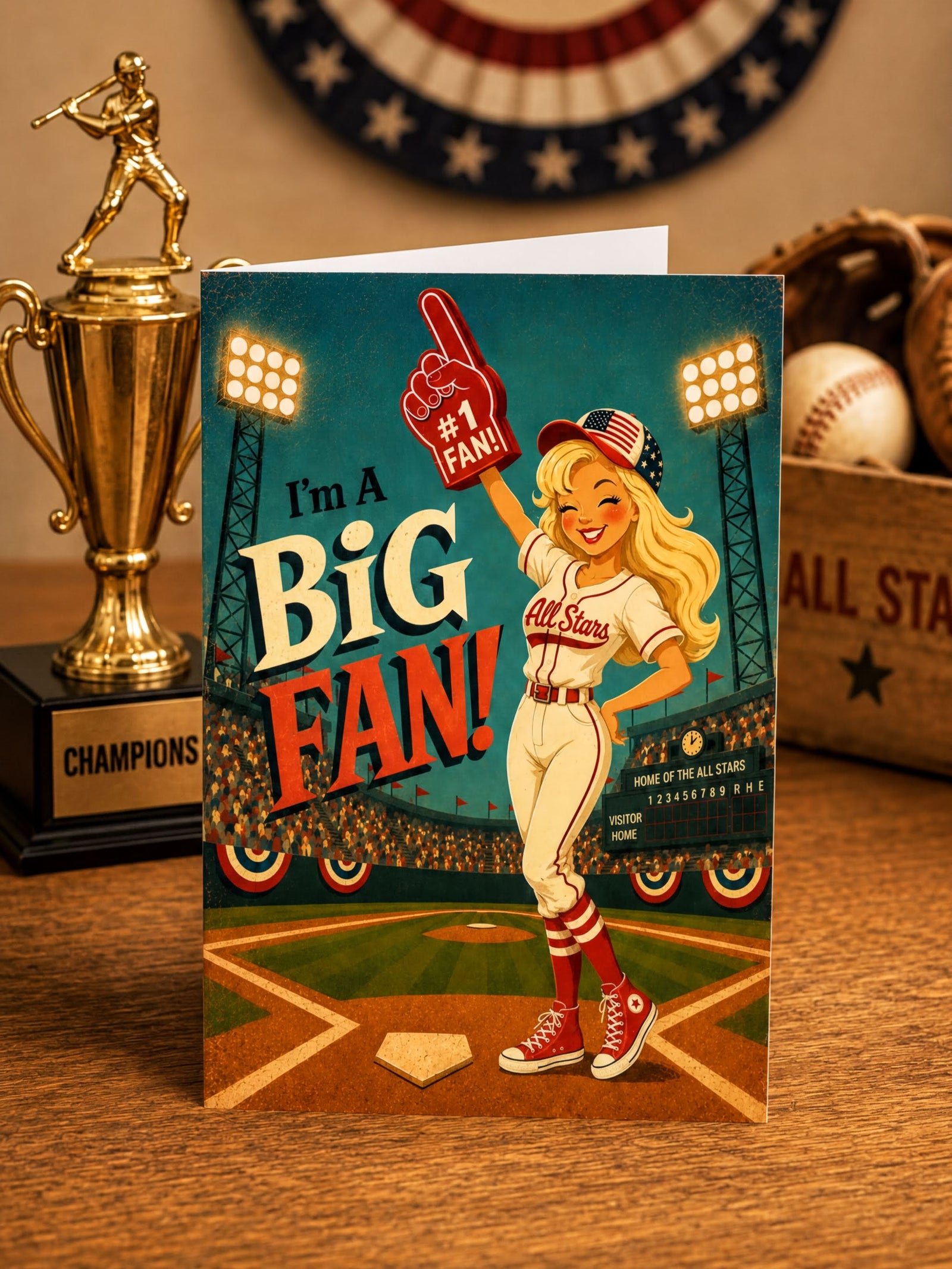 Baseball-themed greeting card with a female player holding a '# Fan!' glove, set against a stadium background.