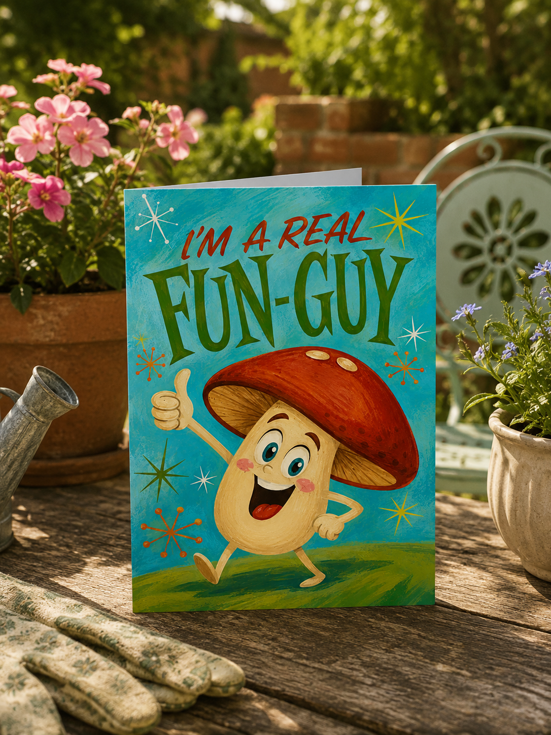 A folded greeting card shown front-on against a white background. The card features a colorful cartoon mushroom character with a red cap, blue eyes, and a smiling face, giving a thumbs-up.