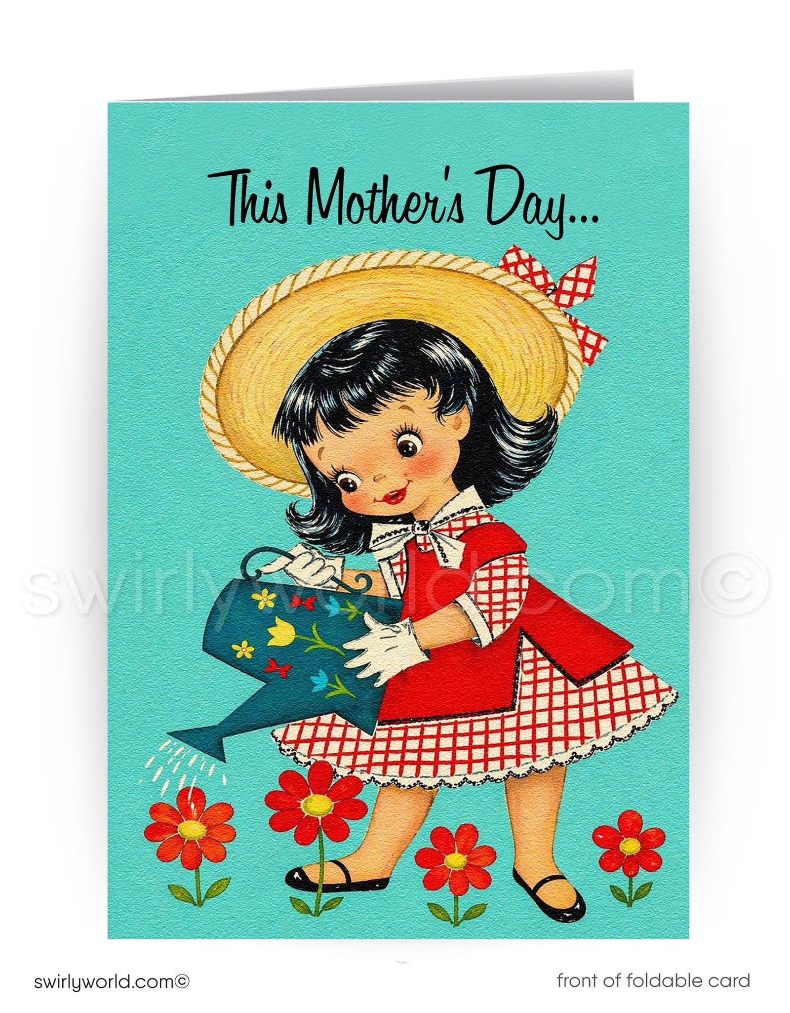 Vintage-style Mother's Day card with a girl watering flowers and text on a blue background.