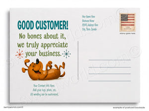 Customizable dog-shaped postcard backside template with a cartoon dog illustration, placeholder text for customer details, and a postage stamp graphic on a white background.
