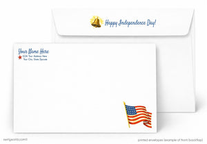 The image is a printed envelope with a patriotic design featuring an American flag and a bell. The envelope is addressed to "Your Name Here" and has a "Happy Independence Day!" message printed on it.